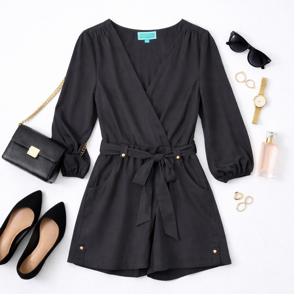 Southern Frock Black Wrap Romper V-Neck Tie Waist Gold Button Detail Sz‎ Lg
Luxe